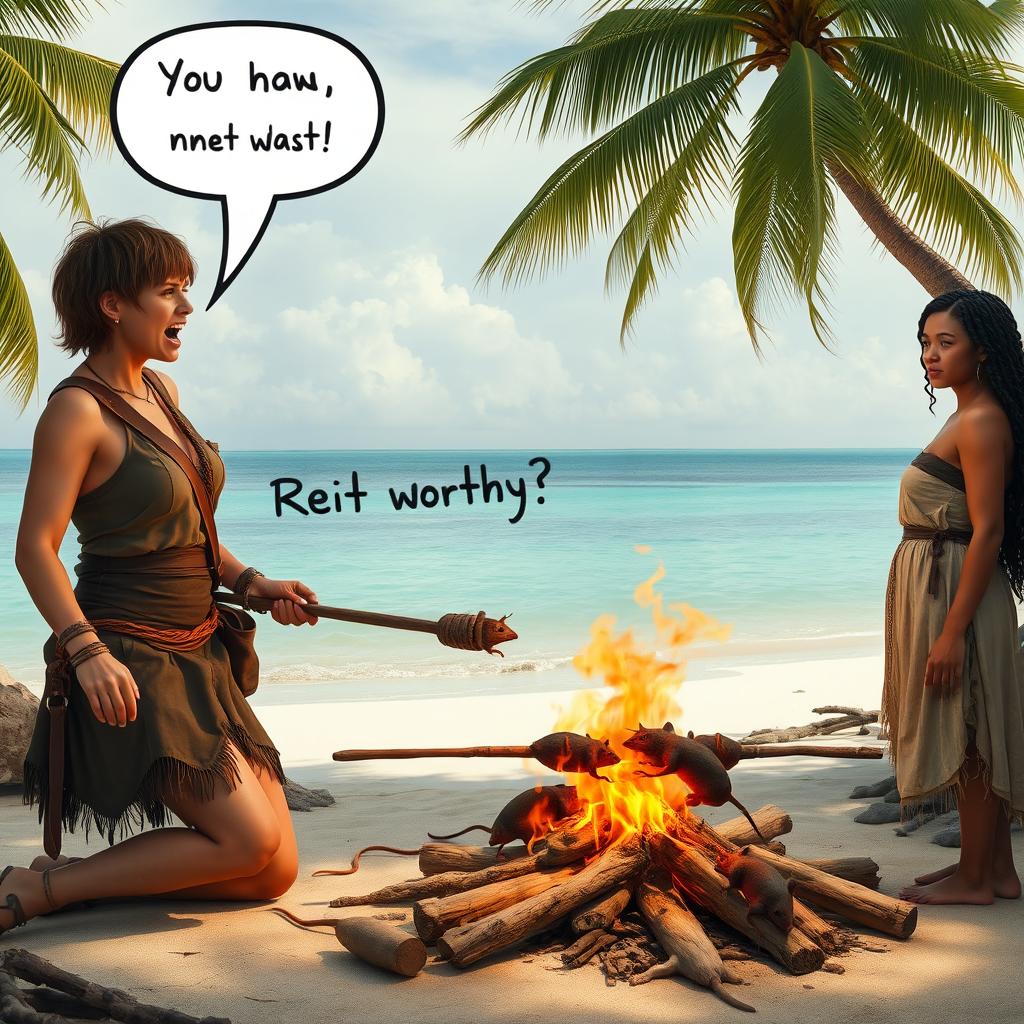 Two women fully clothed, stranded on a deserted island with palm trees and a serene ocean in the background