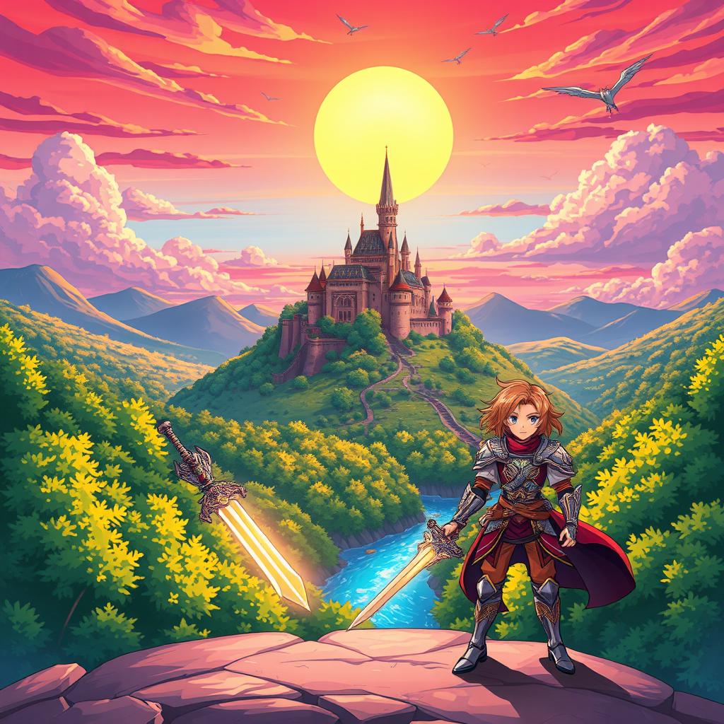 A vibrant anime-style illustration featuring a colorful fantasy landscape