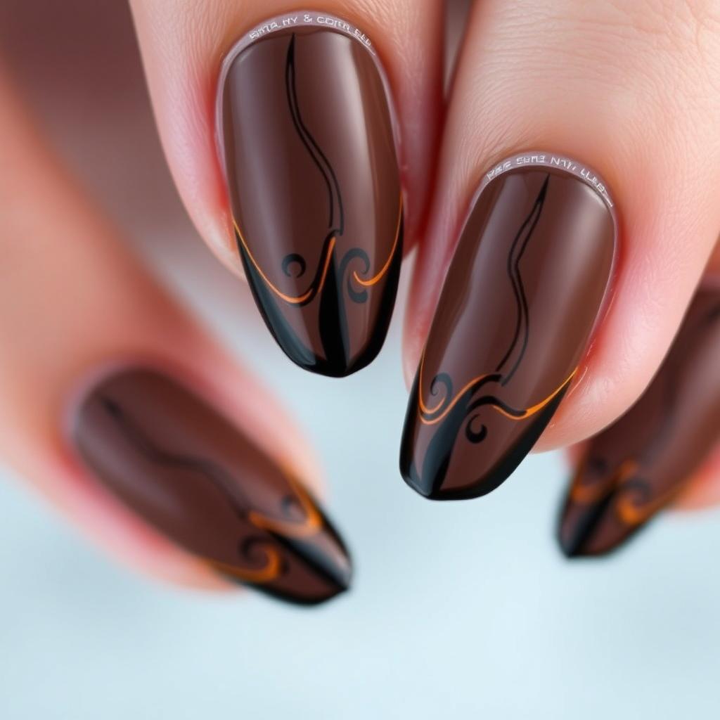 A close-up of elegantly manicured nails painted in a rich coffee brown color, featuring intricate designs
