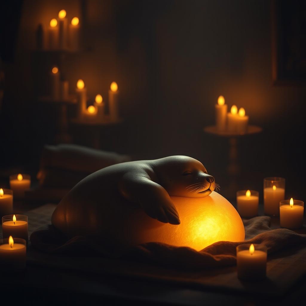 In a dimly lit room filled with flickering candles, a golden seal rests gently on the belly of a peaceful baby, casting a soft, warm light that illuminates the surroundings