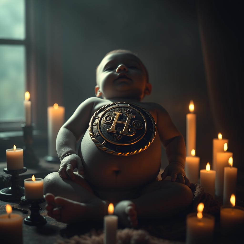In a dimly lit room surrounded by flickering candles, a golden seal adorned with mysterious unknown letters rests gently on the belly of a serene baby, casting a soft, enchanting light that fills the space