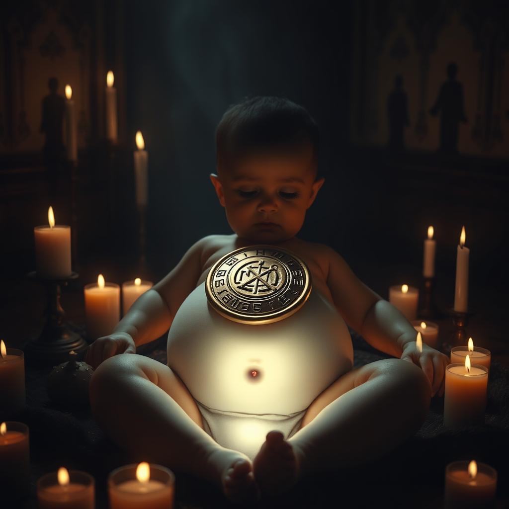In a dimly lit room surrounded by flickering candles, a golden seal decorated with unknown symbols rests gently on the belly of a tranquil baby, casting a soft, radiant light that illuminates the entire space