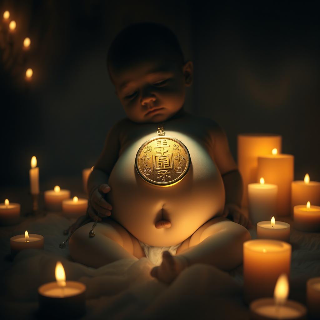 In a dimly lit room surrounded by flickering candles, a very thin golden seal adorned with mysterious unknown symbols rests gently on the belly of a serene baby, casting a soft, shimmering light that illuminates the entire space