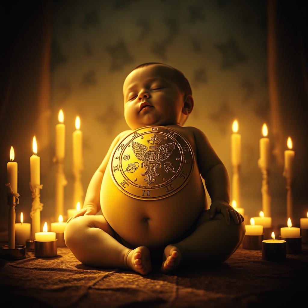 In a dimly lit room surrounded by flickering candles, a golden seal intricately engraved with unknown symbols rests gently on the belly of a peaceful baby, casting a warm, radiant light that illuminates the entire space