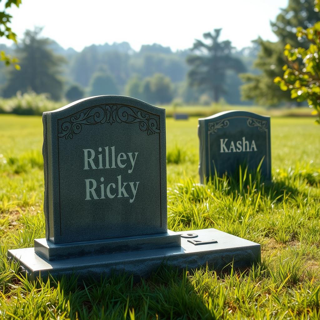 A serene graveyard scene featuring two distinct gravestones