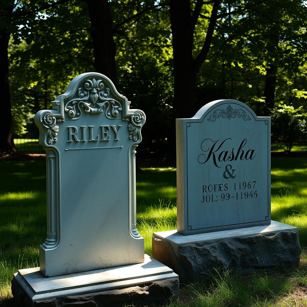 A serene cemetery scene featuring two distinct gravestones