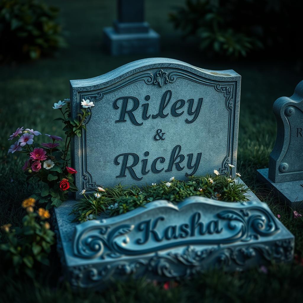 A somber yet beautifully arranged cemetery scene featuring two gravestones