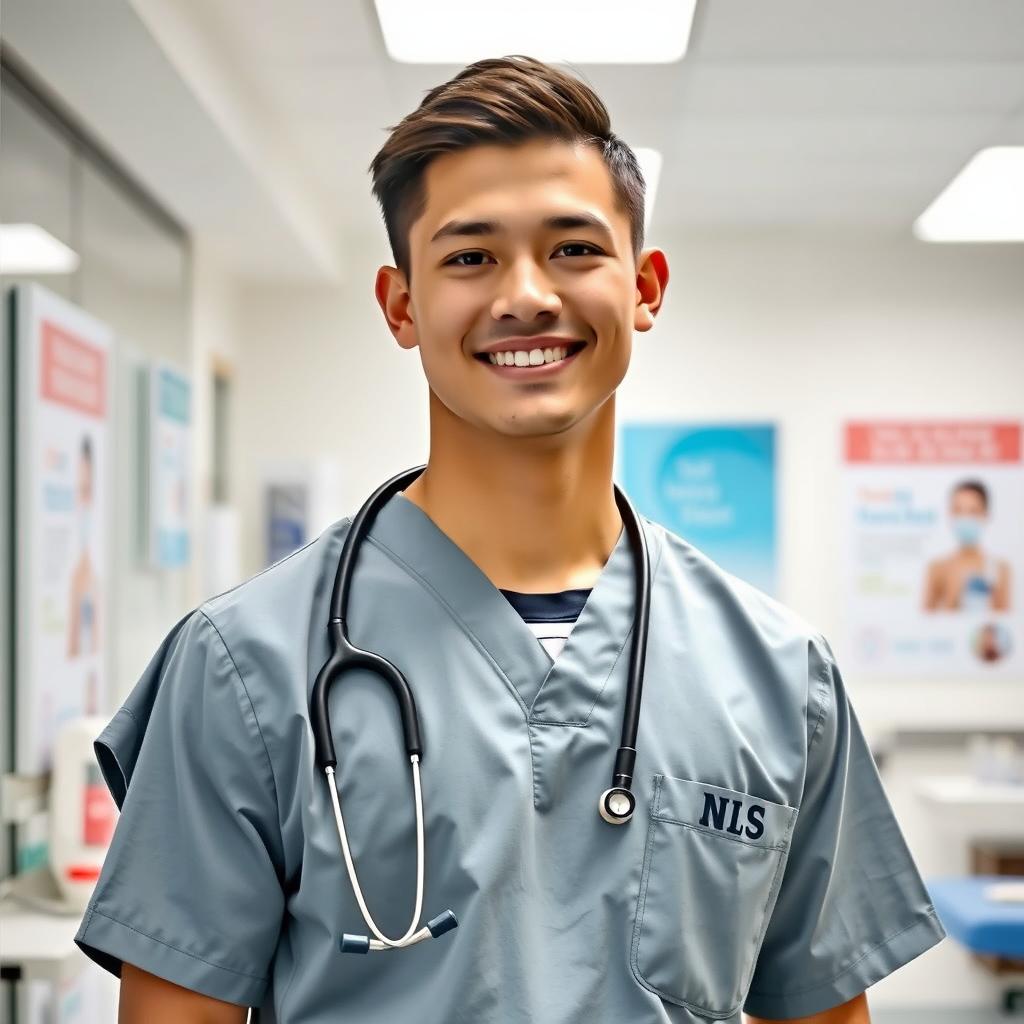 A 25-year-old male wearing a medical outfit, looking confident and professional