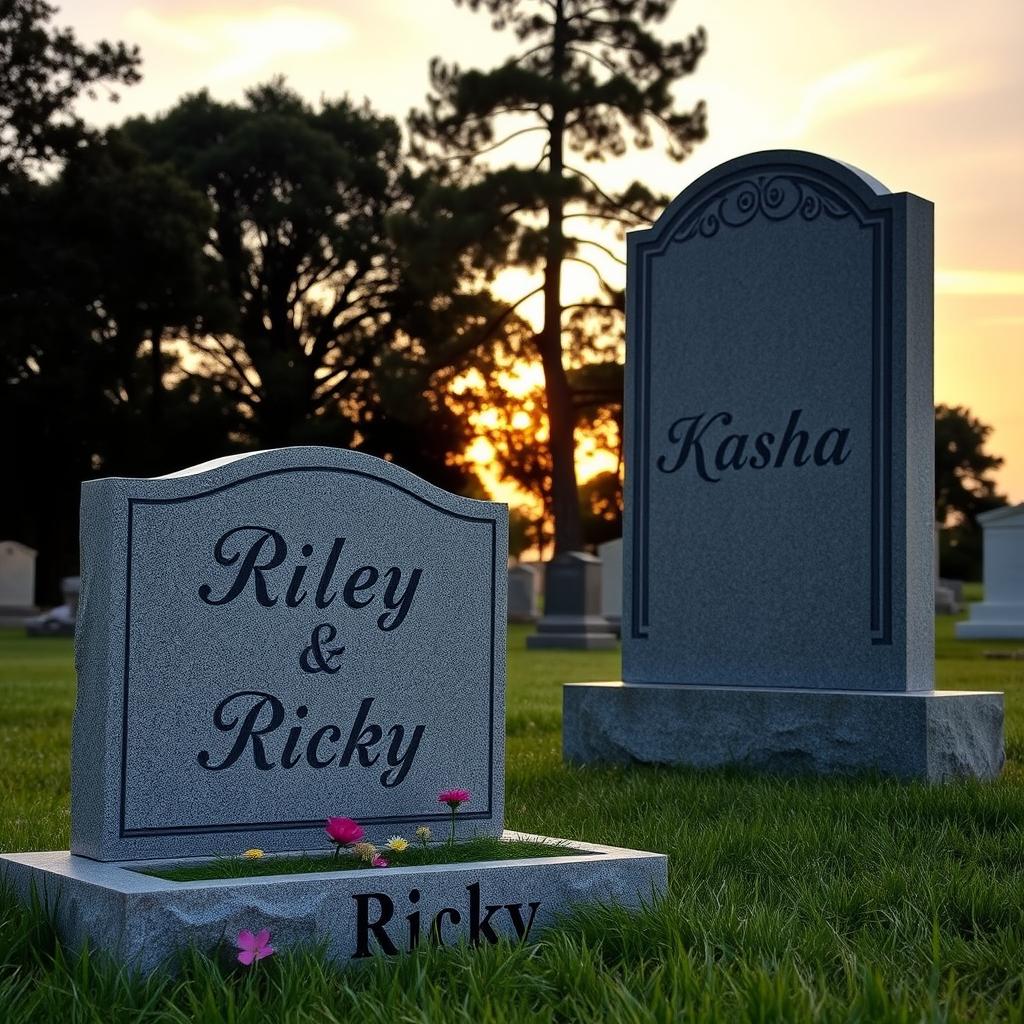 A serene cemetery scene featuring two distinct gravestones