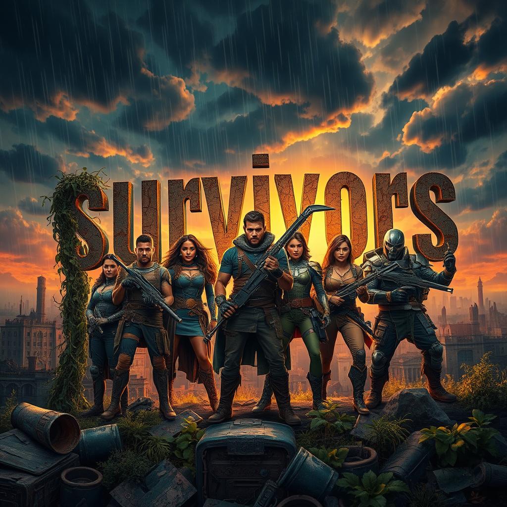 A dramatic scene depicting a group of brave heroes, the theme centered around resilience and courage in the face of adversity