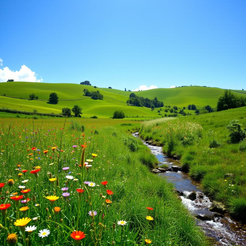 A serene and idyllic landscape featuring a lush green meadow under a clear blue sky