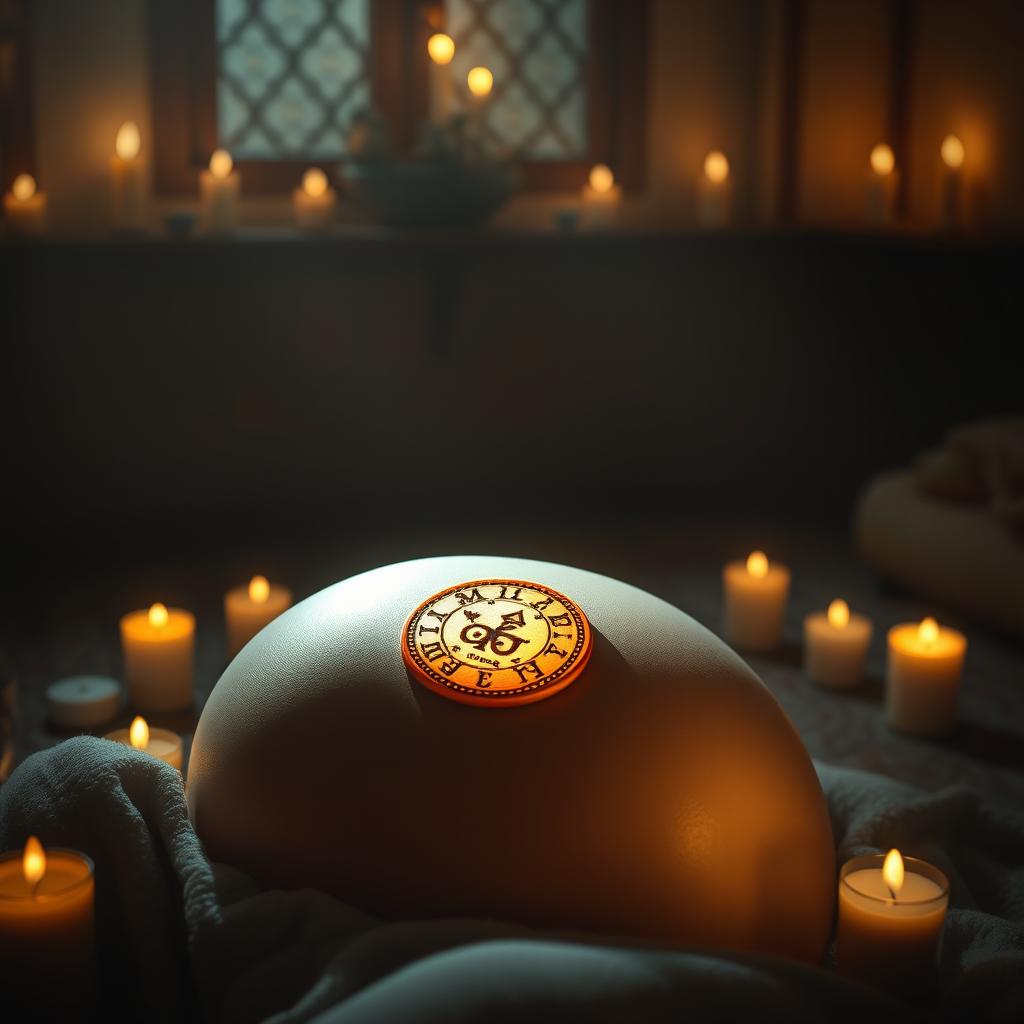 In a dimly lit room surrounded by flickering candles, a small seal engraved with unknown symbols gently rests on the belly of a serene baby, casting a warm and soft light that illuminates the entire room