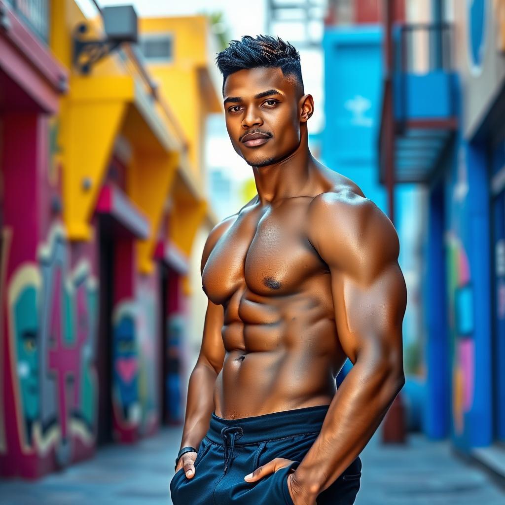 A slim, athletic African American man standing confidently in a vibrant urban environment