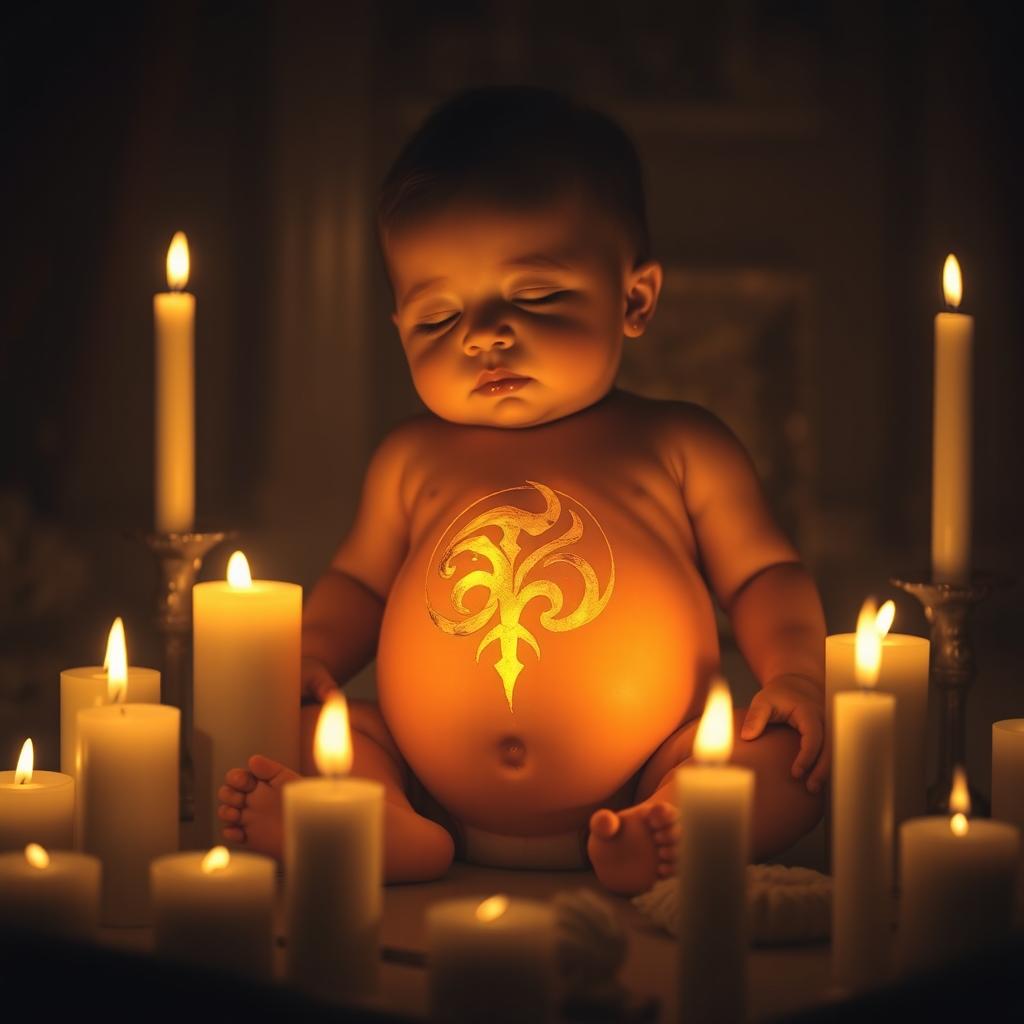 In a dimly lit room surrounded by flickering candles, a golden unknown symbol is intricately engraved on the belly of a peaceful baby, radiating a warm and radiant glow that illuminates the surroundings
