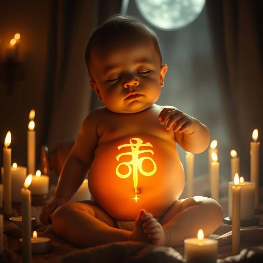 In a dimly lit room surrounded by flickering candles, a sealed golden unknown symbol is beautifully engraved on the belly of a peaceful baby, emanating a warm and radiant light that fills the space
