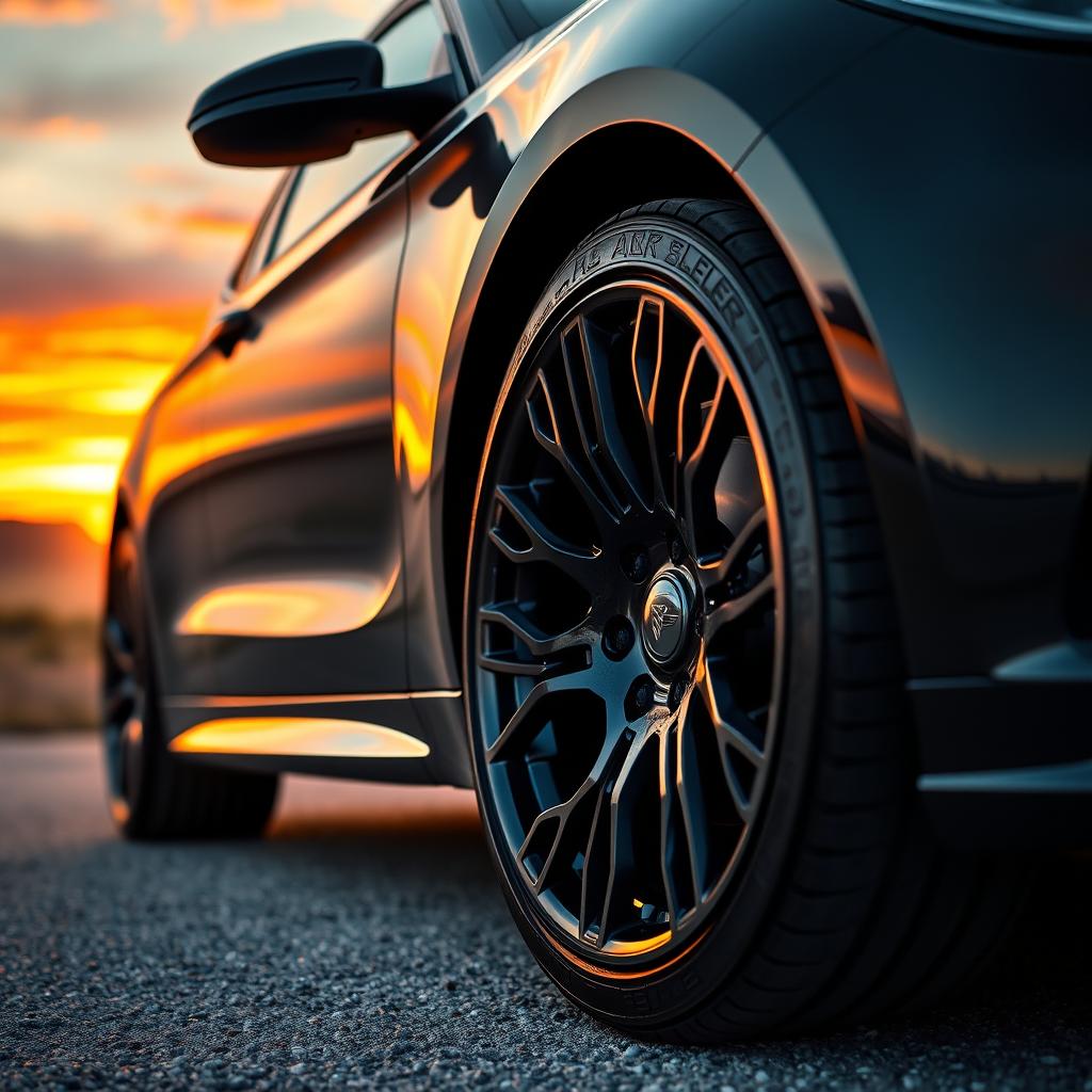 A close-up of a modern car showcasing its sleek design and shiny alloy wheels, which have been transformed to a striking black color