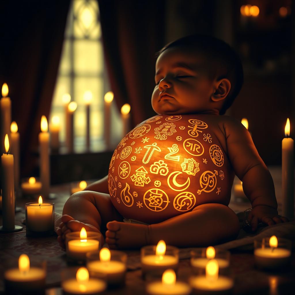 In a dimly lit room surrounded by flickering candles, golden unknown symbols are intricately engraved on the belly of a peaceful baby, radiating a soft and warm glow that illuminates the entire space