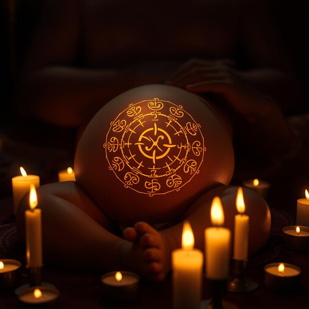 In a dimly lit room surrounded by flickering candles, golden unknown symbols are intricately engraved in a circular pattern on the belly of a peaceful baby, emitting a warm and radiant light that illuminates the entire space