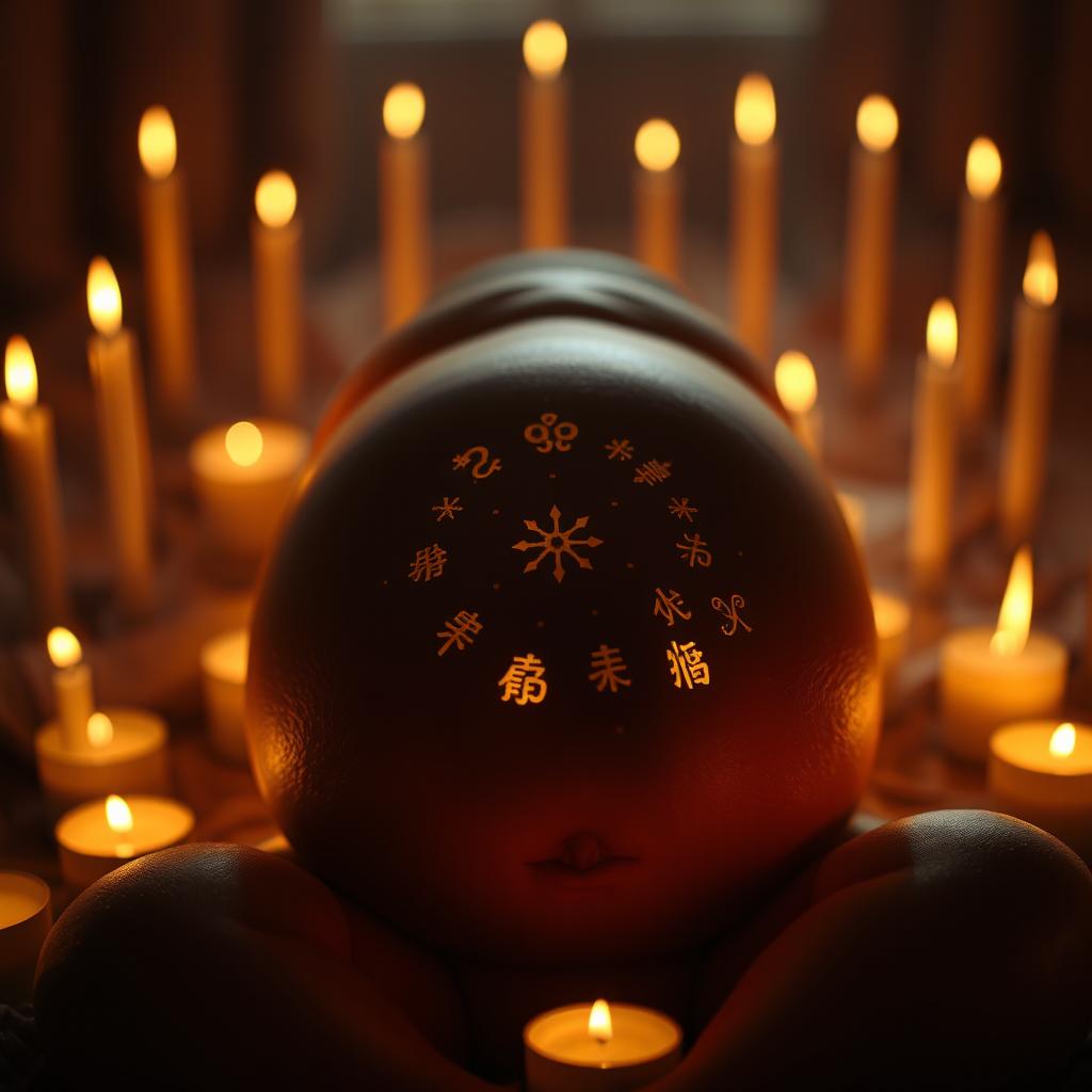In a dimly lit room surrounded by flickering candles, small golden unknown symbols are intricately engraved in a circular pattern on the belly of a peaceful baby, radiating a soft and warm glow that illuminates the entire space