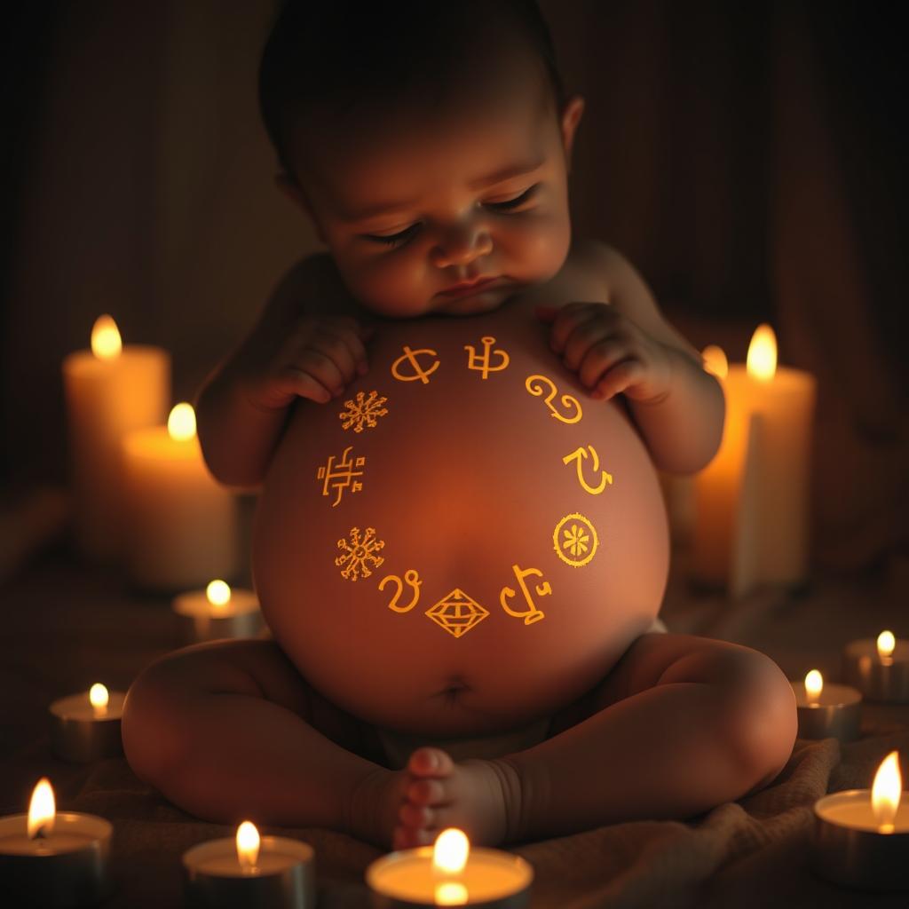 In a dimly lit room surrounded by flickering candles, small golden unknown symbols are intricately engraved in a circle on the belly of a peaceful baby, casting a soft, warm glow that illuminates the entire space