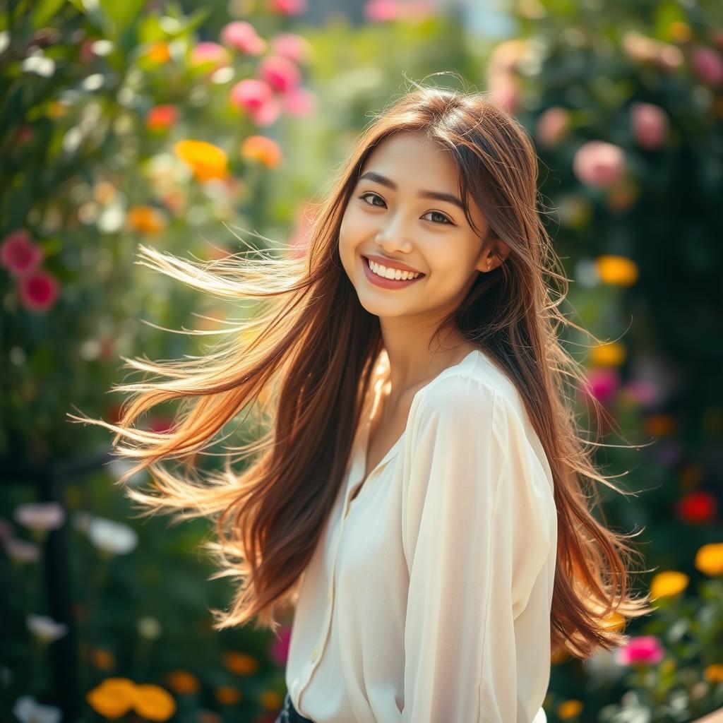 A captivating scene featuring a young woman with a playful smile, gracefully standing in an outdoor setting