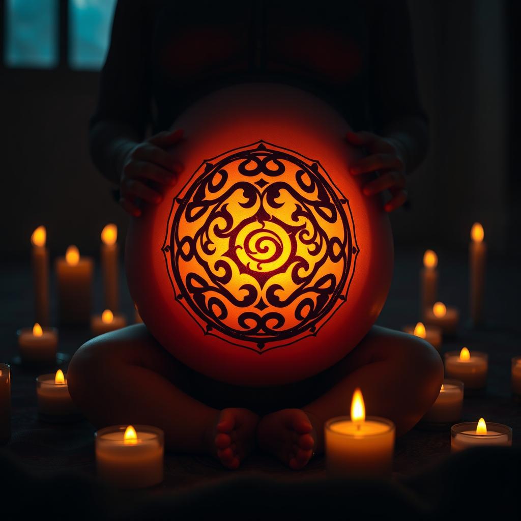 In a dimly lit room surrounded by flickering candles, the seal of Naruto, intricately engraved in a circular pattern, is illuminated on the belly of a peaceful baby, casting a soft and warm glow that lights up the entire space