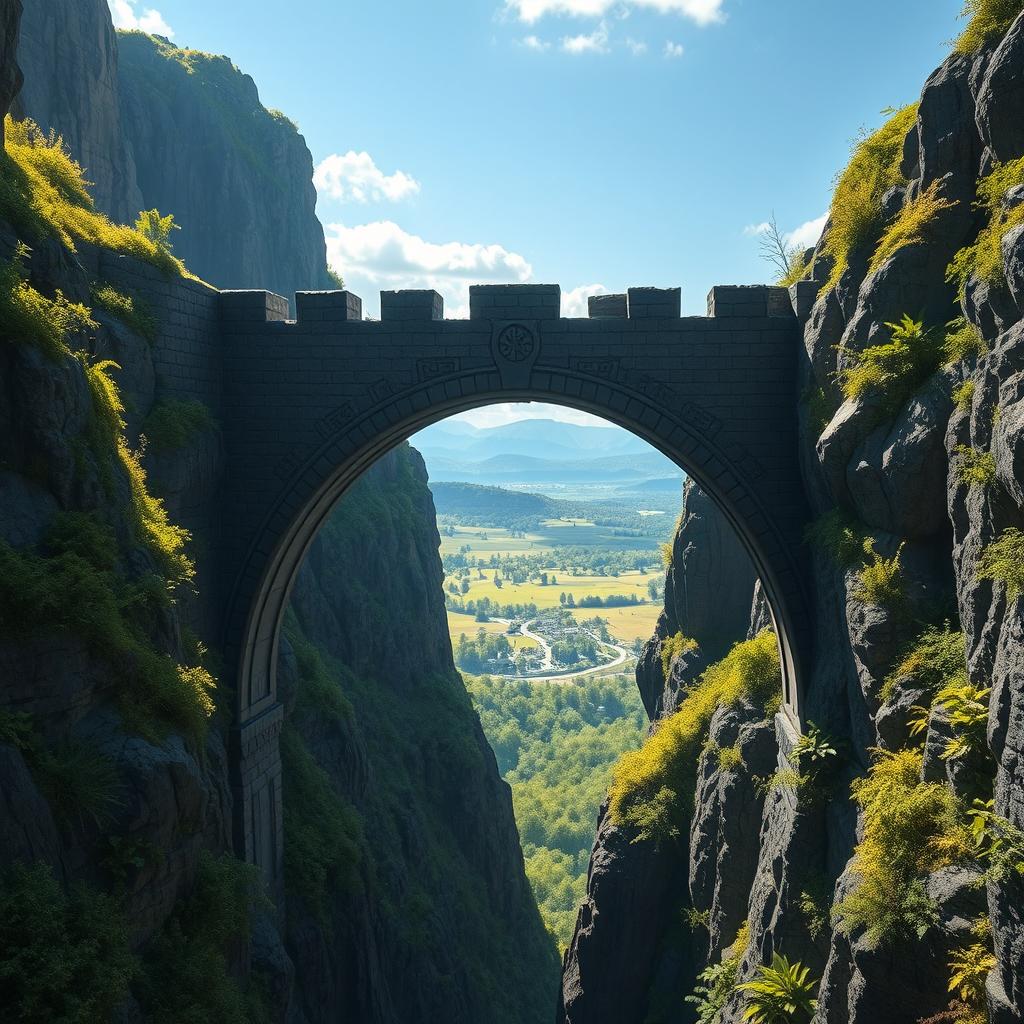 A majestic black dwarven stone bridge arching elegantly across a deep ravine, leading into a vast open area filled with lush greenery