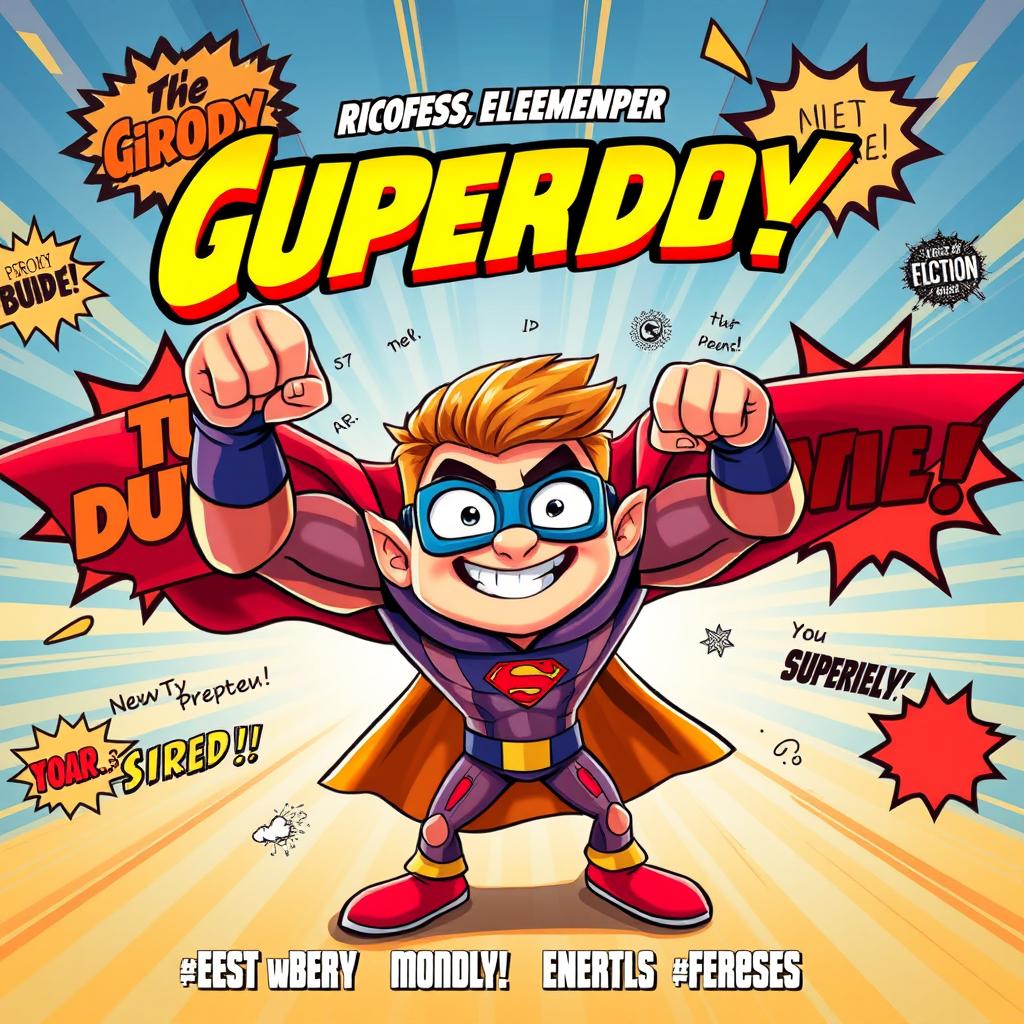 A vibrant and humorous movie poster featuring a cartoonish superhero character, styled like a comic book illustration