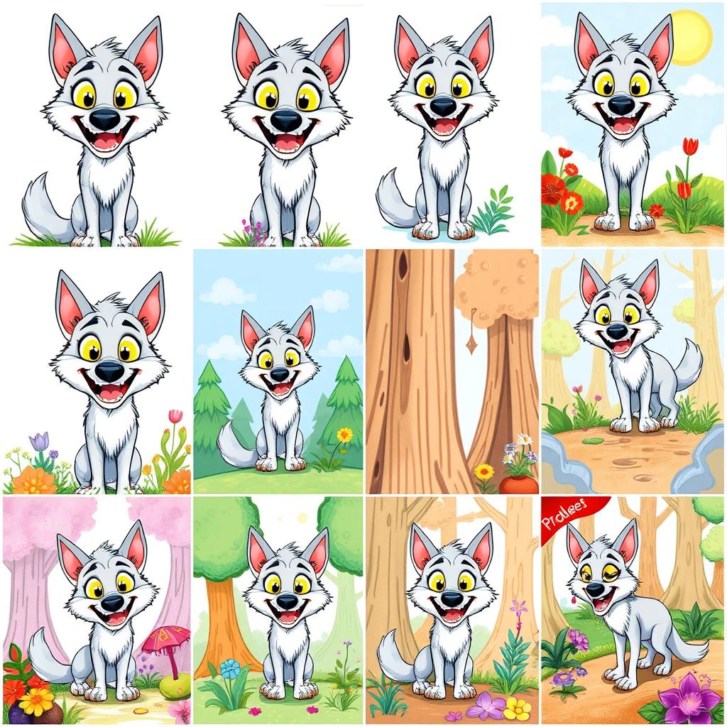 An array of colorful drawings capturing the progress of a cartoonish light grey wolf