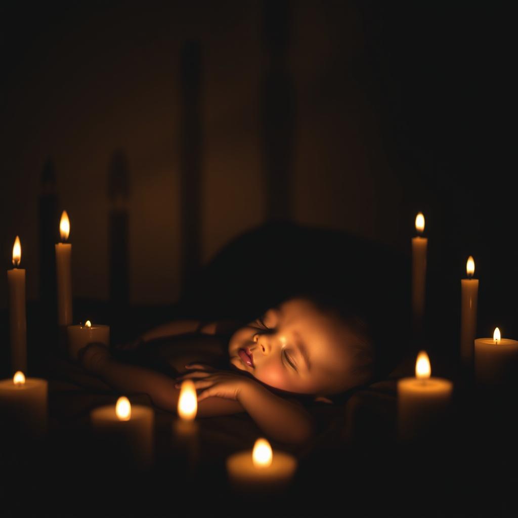 In a dark room surrounded by flickering candles, a peaceful baby lies serenely, the soft glow of the candles creating a warm and calming atmosphere