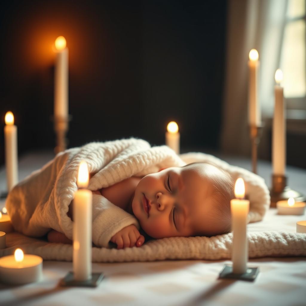 In a dark room surrounded by flickering candles, a peaceful baby lies comfortably on a soft surface, wrapped in a cozy blanket