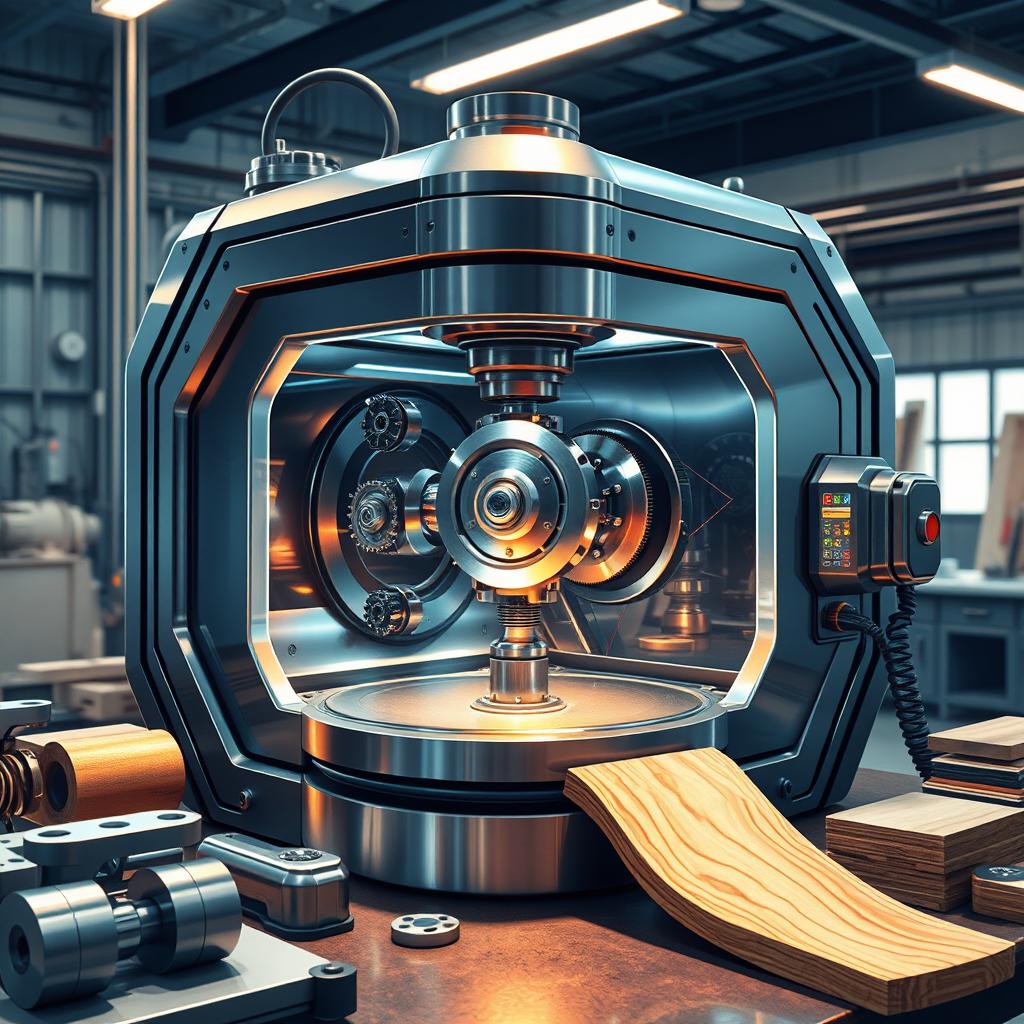A highly detailed illustration of a high-tech polishing machine in action, showcasing its sleek design and advanced features