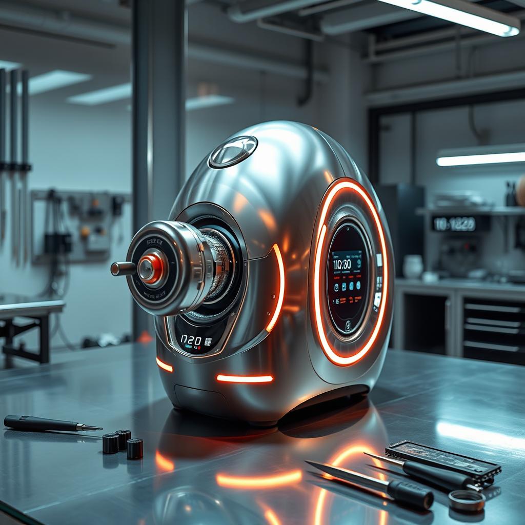 A futuristic polishing machine in a sleek workshop environment, showcasing its advanced design and shiny metallic surface