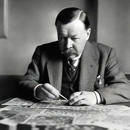 Sir Arthur Conan Doyle in an intimate and focused moment, analyzing a single piece from a complex jigsaw puzzle with great interest.