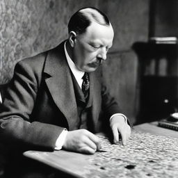 Sir Arthur Conan Doyle in an intimate and focused moment, analyzing a single piece from a complex jigsaw puzzle with great interest.