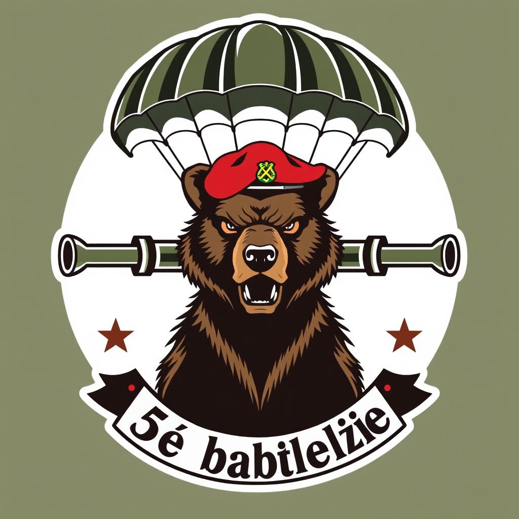 A military emblem featuring a fierce bear wearing a red parachutist beret, elegantly positioned in front of a military parachute canopy