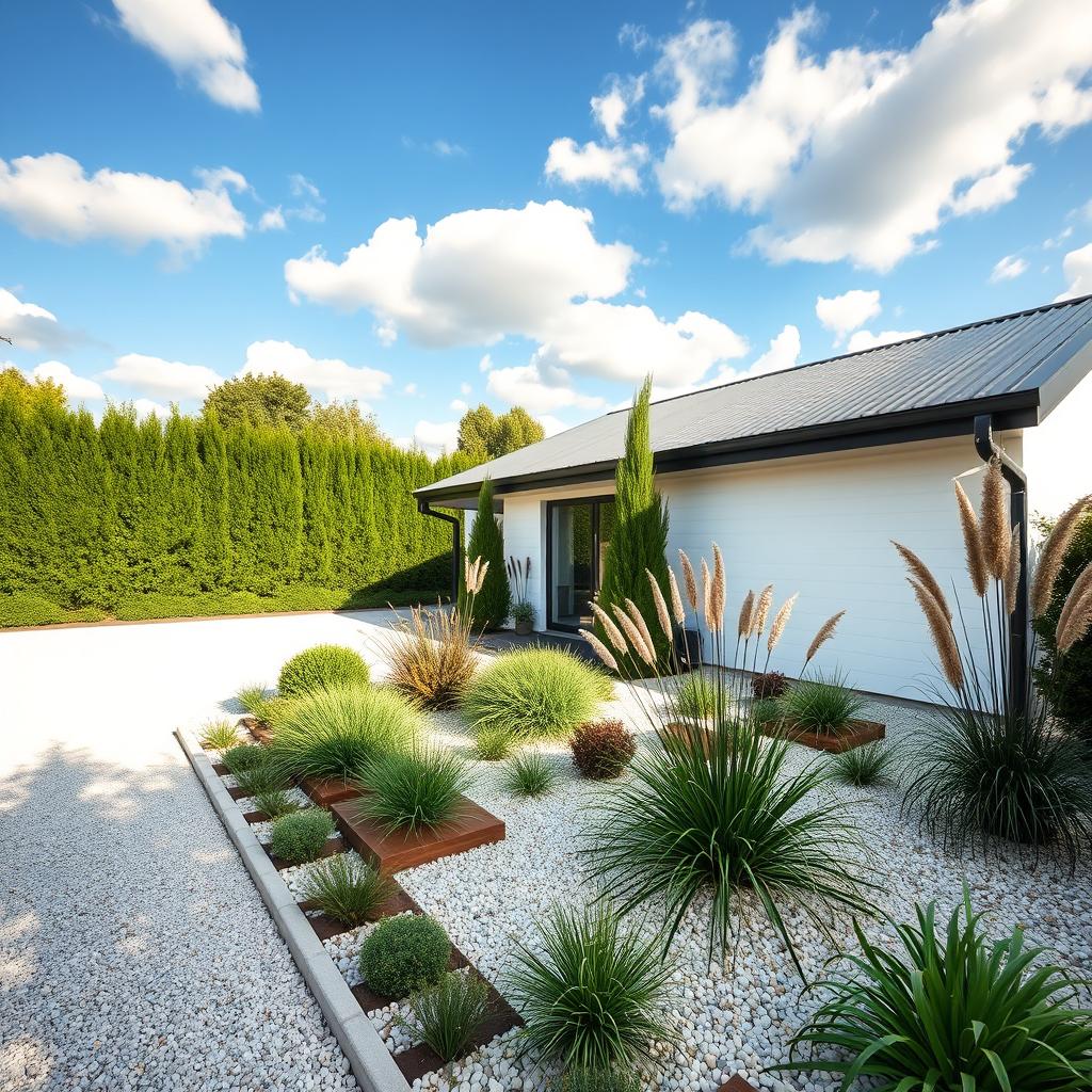 A modern garden beside a white single-story house featuring a stylish black roof and a welcoming driveway