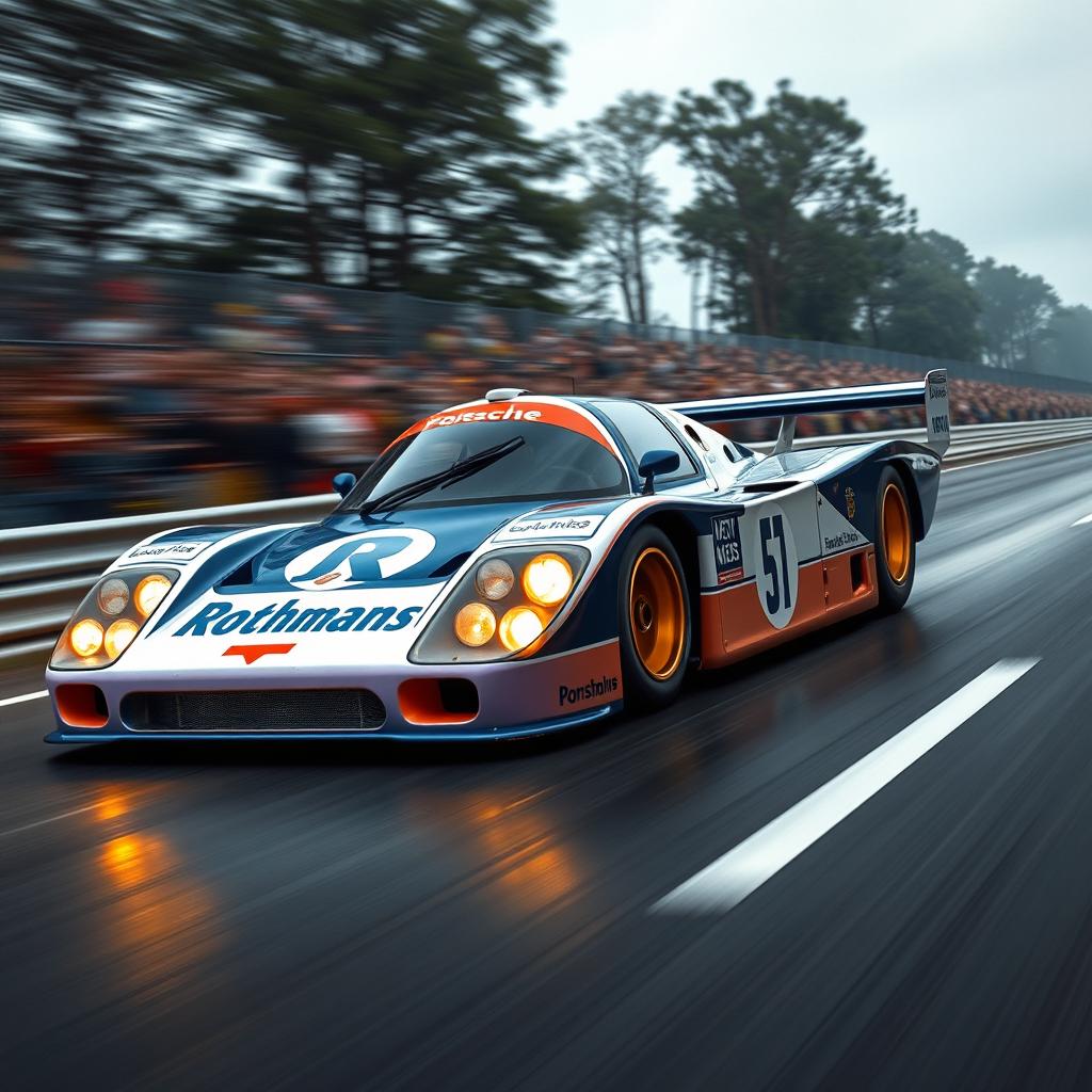 A Porsche 956 racing on the straight at Le Mans, styled in a retro 1980s theme featuring the classic Rothmans livery in blue, white, and gold