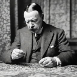 Sir Arthur Conan Doyle in an intimate and focused moment, analyzing a single piece from a complex jigsaw puzzle with great interest.
