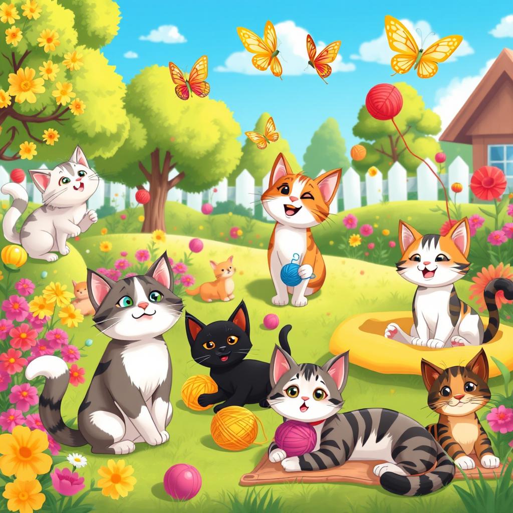 A colorful and whimsical animation scene featuring playful cats of various breeds