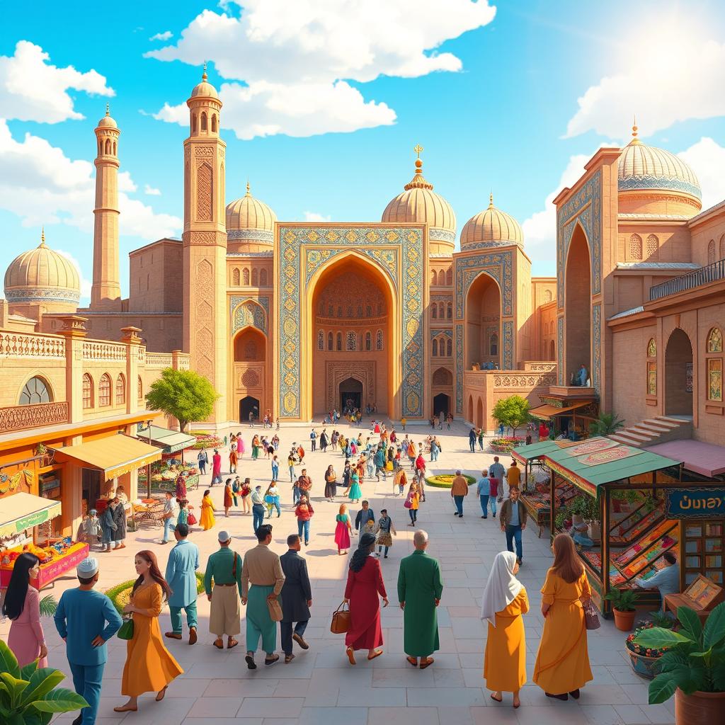 A vibrant and colorful animation scene showcasing the beautiful architecture and lively streets of Esfahan, Iran