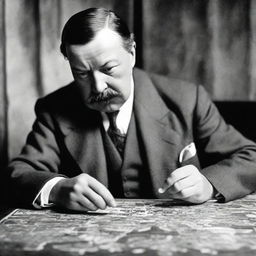 Sir Arthur Conan Doyle in an intimate and focused moment, analyzing a single piece from a complex jigsaw puzzle with great interest.