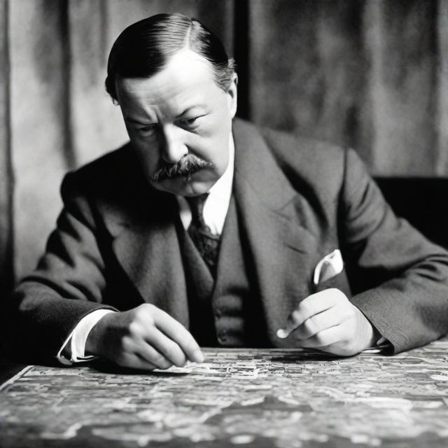 Sir Arthur Conan Doyle in an intimate and focused moment, analyzing a single piece from a complex jigsaw puzzle with great interest.