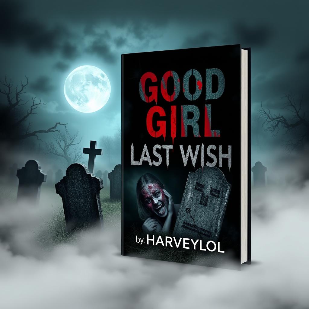 A haunting book cover design featuring the title "Good Girl Last Wish" prominently displayed in large, sinister typography, along with the author's name "by: Harveylol" at the bottom
