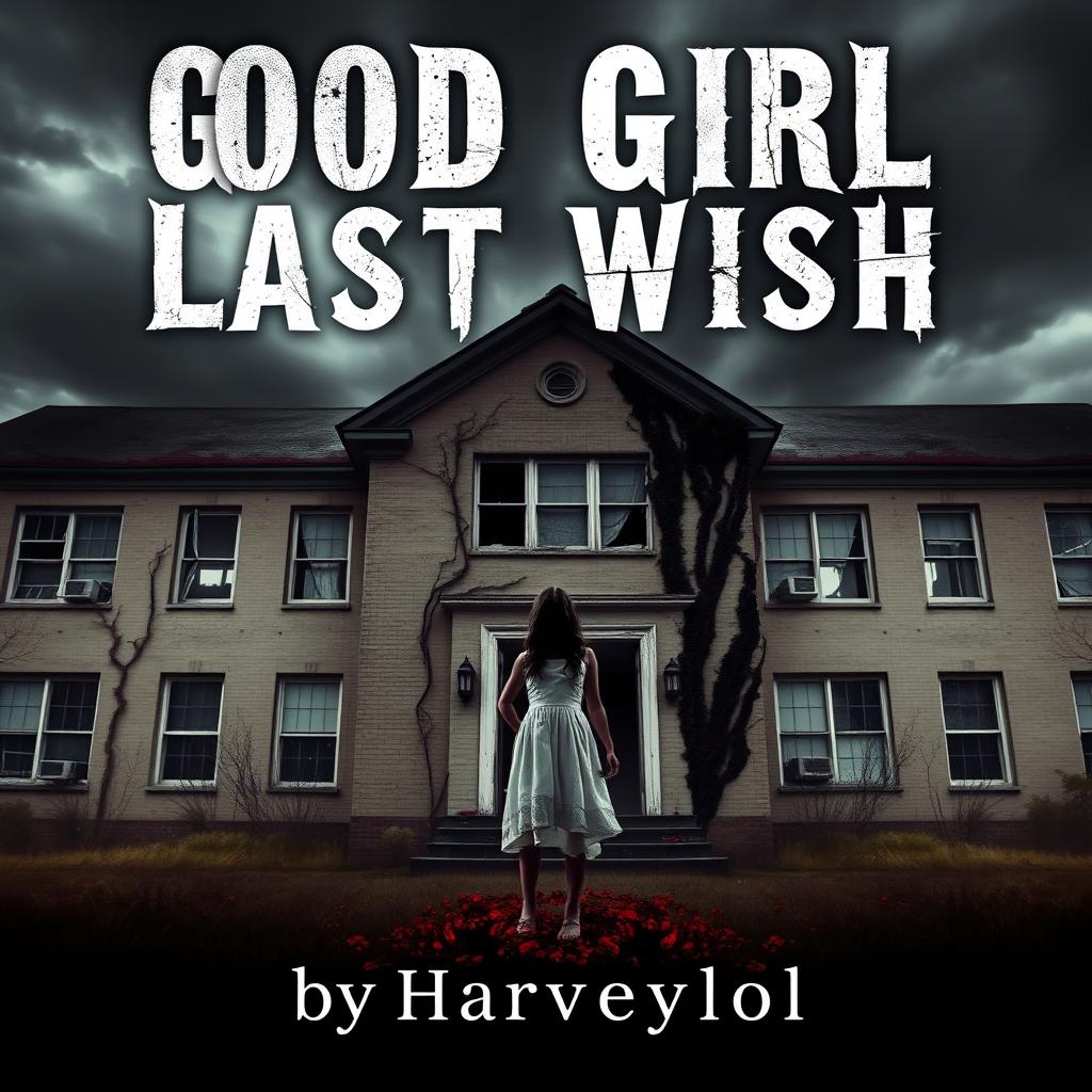 A haunting book cover for a horror, slasher, and psychological thriller titled "Good Girl Last Wish" by Harveylol, set against the eerie backdrop of an old, abandoned school