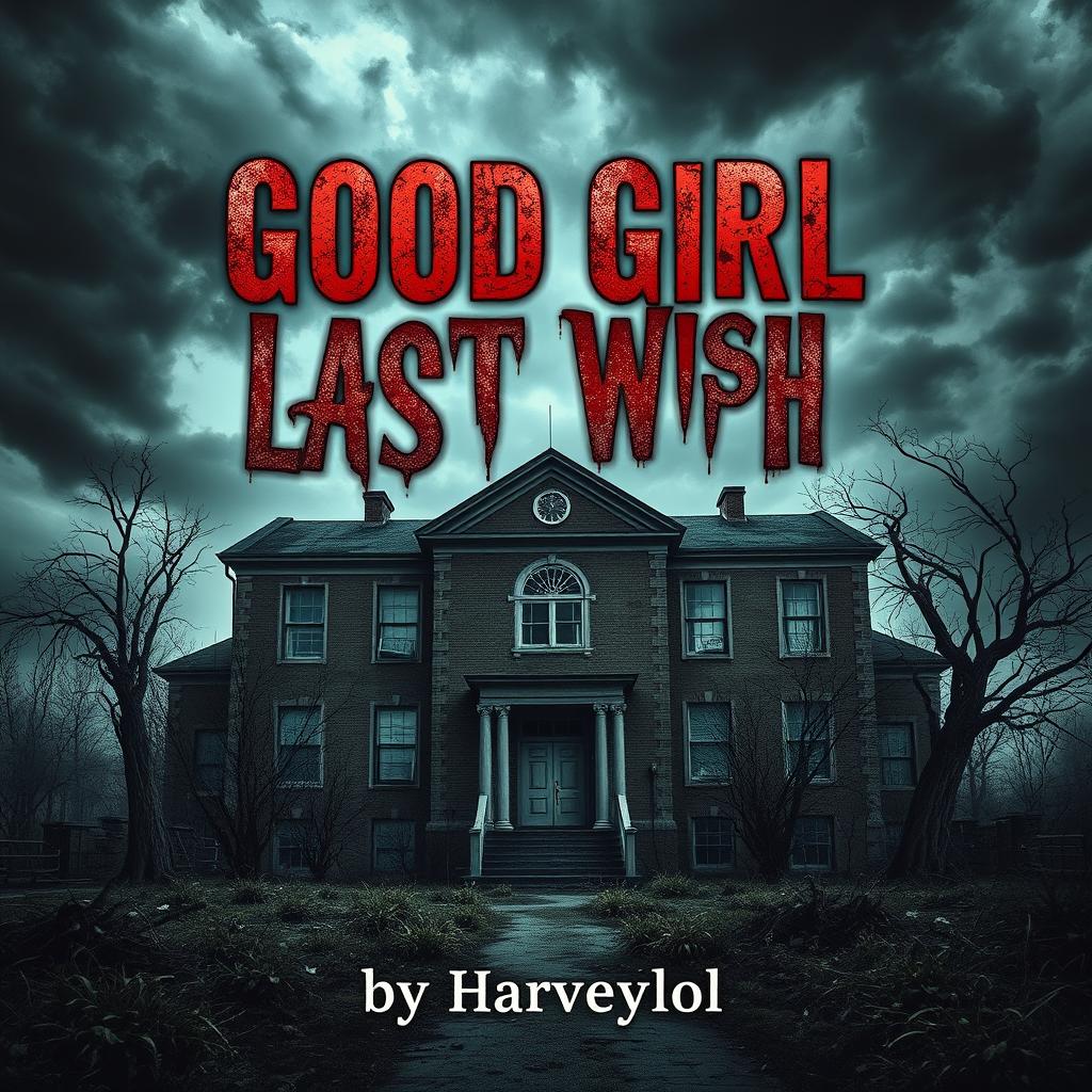 A haunting book cover for a horror, slasher, and psychological thriller titled "Good Girl Last Wish" by Harveylol, featuring a sinister, abandoned school as the central focus