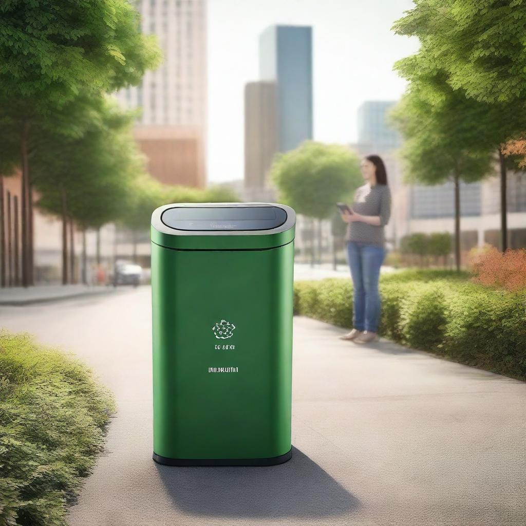 Design an advanced, smart waste management system named EcoHarvestBin. It includes features such as solar-powered sensors and is connected with a mobile app, embodying principles of sustainability and community recycling.