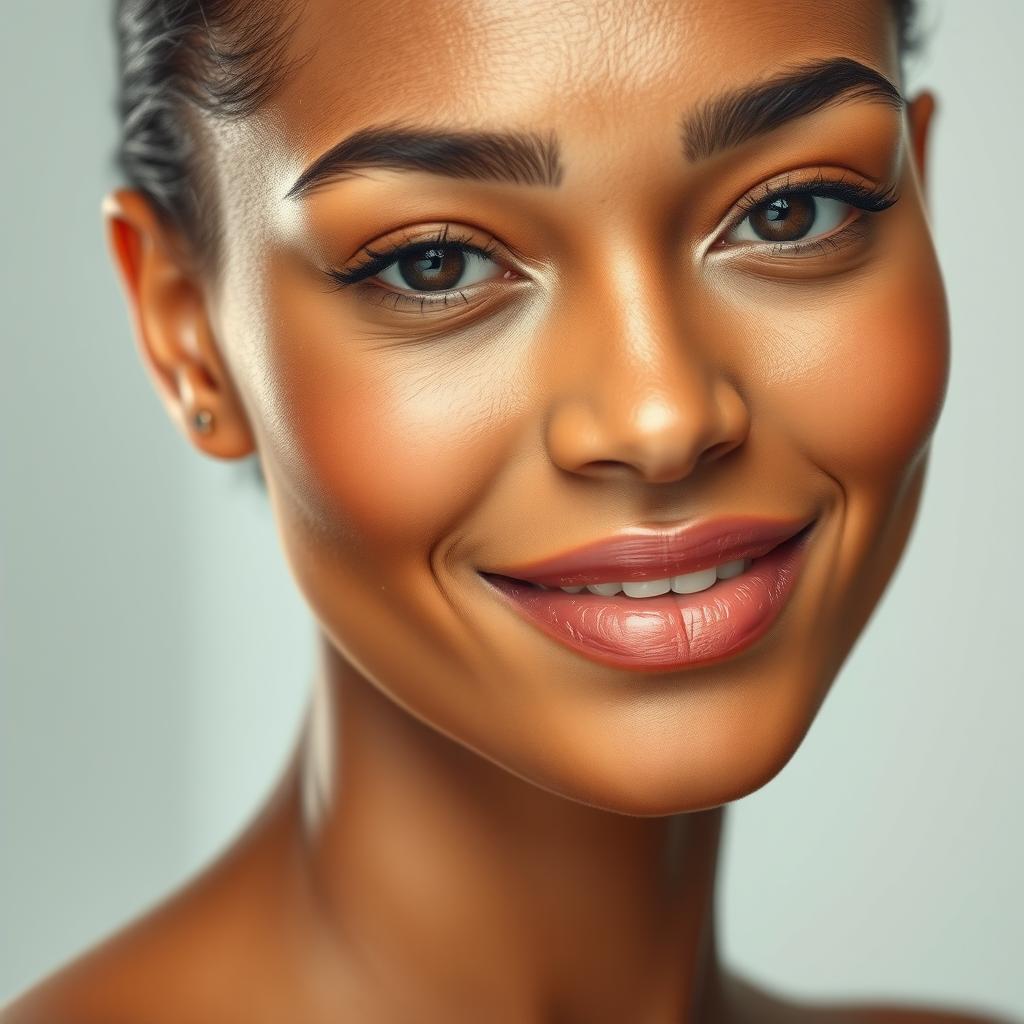 A close-up portrait of a beautiful woman with flawless, smooth skin radiating health and vibrancy