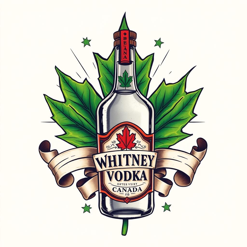 An old-school tattoo design featuring a vibrant, green maple leaf representing Canada prominently displayed at the center