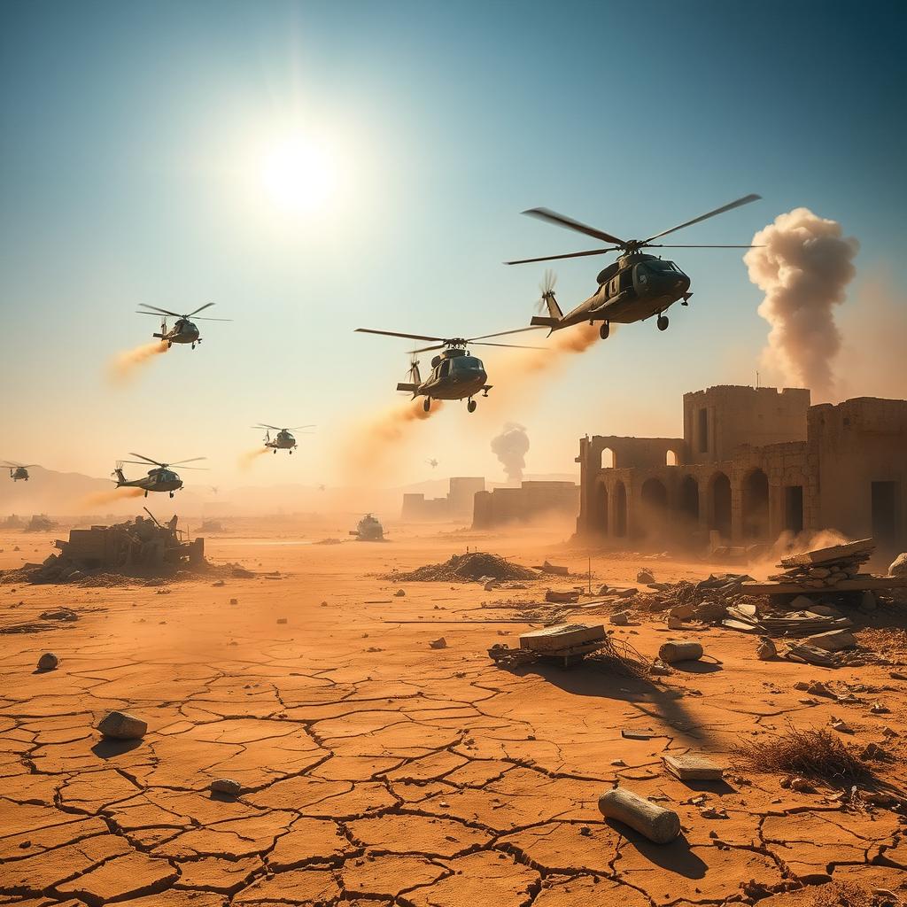 A vivid representation of a desert war zone, capturing the harsh environment and remnants of conflict